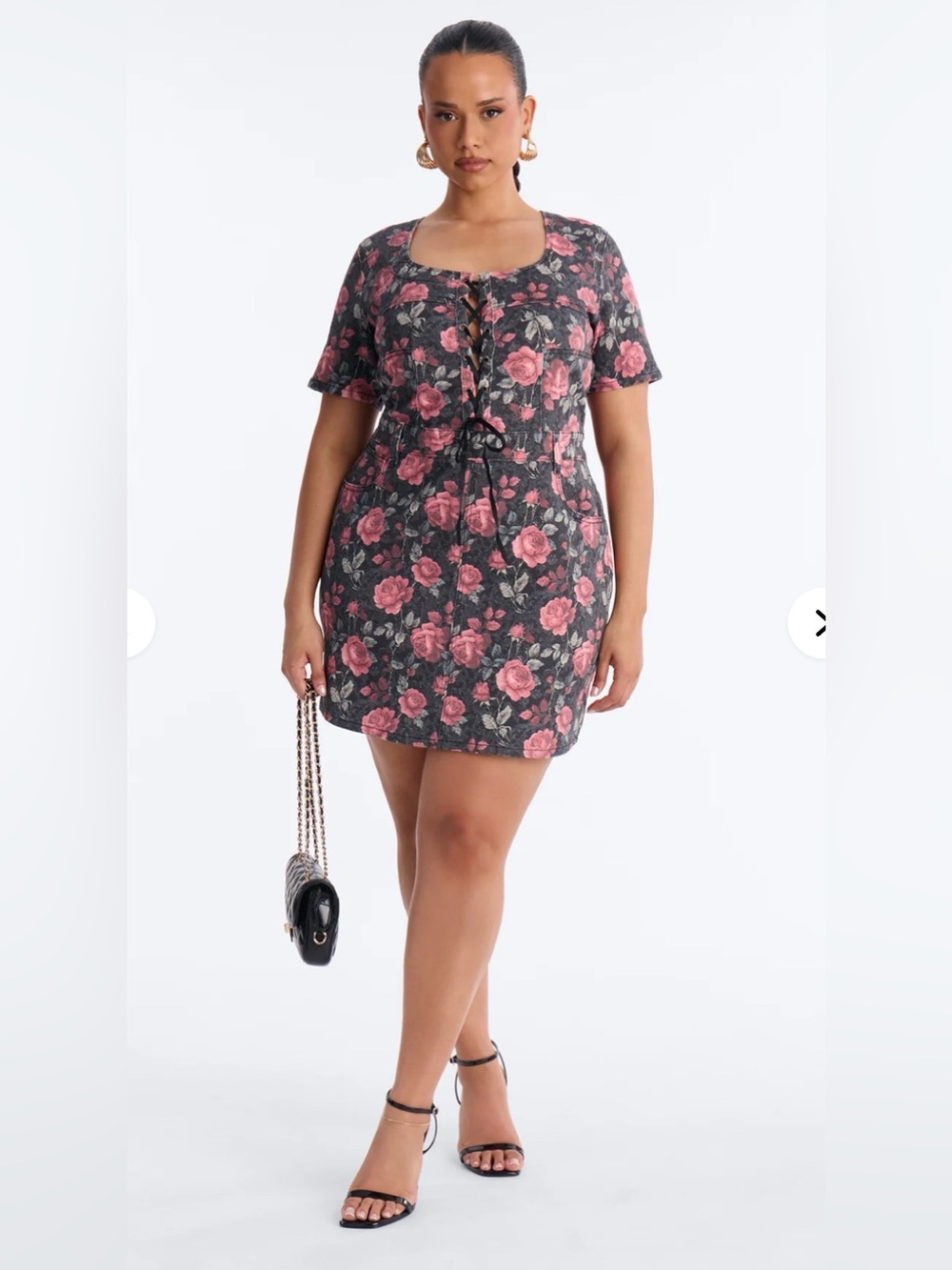 Floral Lace-Up Short Sleeve Mini Denim Dress